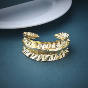 gold plated cuff bracelet textured ruffle cuff women statement <b>bangle</b> handcrafted brass jewelry crinkle gold - Product Image 1