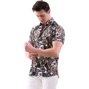 Beige with Navy and Borwnish Paisley Printed Designer Men's Vacation Summer Dress Shirt ready in stock Made in Turkey