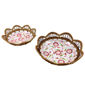 Cuencos Redondos de Cerámica Hechos a Mano con Diseño Floral Rojo y Borde Tejido de Ratán Ecológico para Decoración del Hogar y Fiestas - Product Image 6