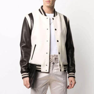 Veste varsity noire crème pour homme, manches en cuir, col rabattu, style décontracté, coupe classique, vêtement d'automne - Product Image 6