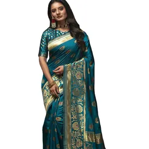 Royal Paithani-contraste de Saree azul y dorado para mujer, impresionante estilo Pallu Banarsi con estampado a mano