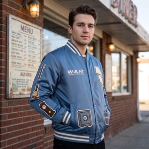 Blouson Bomber en Satin Personnalisé pour Homme Bleu Acier Crème avec Patchs en Chenille Brodés Logo Personnalisé OEM Streetwear - Product Image 5