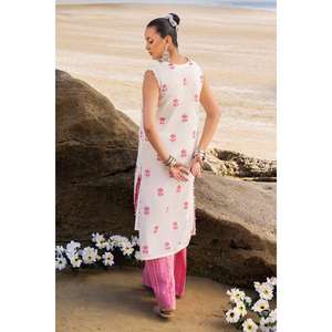 ชุดสูทแจ็คการ์ด 2 ชิ้น สีชมพูและสีเบจสำหรับผู้หญิง ผ้าเครปปักลาย ท่อนบนแบบยังไม่เย็บติดกัน - Product Image 4