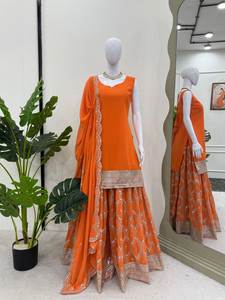 Ropa de fiesta de boda india Premium para mujer estilo Bollywood bordado pesado naranja Lehenga Choli Set para invierno verano - Product Image 5