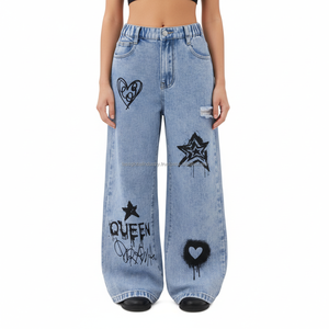 Jean baggy vintage taille haute pour femme, imprimé graphique personnalisé, style punk, avec patchwork graffiti cœur – Grande Vente - Product Image 1