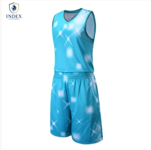 Conjunto de Camiseta y Pantalones Cortos de Baloncesto Sublimados Personalizados de Index Apparel, Cuello en V, Sin Mangas, Absorbe la Humedad, Unisex, Corte Atlético para Adultos, Azul - Product Image 1