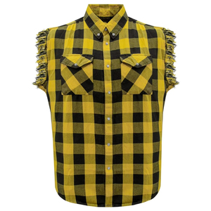 Premium Yellow Black Sleeveless Flannel Shirt Mens Biker Cutoff Plaid Vest Cotton Summer Streetwear Muscle Top Vintage Retro - Product Image 1
