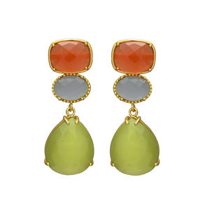 Nueva llegada peridoto hidro y chaceldony gris Juego de pendientes de gota de piedras preciosas, Juego de pendientes chapados en oro para mujer - Product Image 1