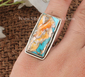 แหวนแต่งงานสไตล์โบฮีเมียนทำจากเงินสเตอร์ลิงประดับด้วยหอยมุกหนามธรรมชาติและเทอร์ควอยซ์สีทองแดง-สำหรับทั้งชายและหญิง - Product Image 6