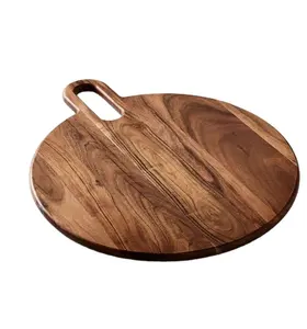 Modern Elegant Newest Design Walnut Wood Plain Round Shape With Oval Large Handle Cutting Chopping Board For Pizza Serving Hotel