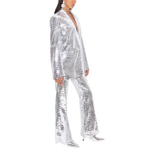 Pantalon orné de paillettes ton argent taille haute coupe évasée dissimulée fermeture éclair latérale fête pantalon de déclaration de mode - Product Image 3