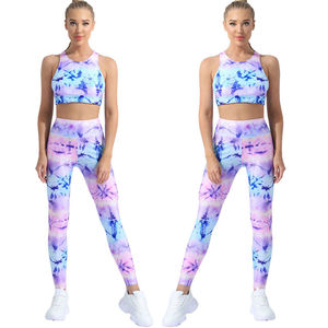 Ensemble de yoga tie-dye pour femmes, leggings taille haute et soutien-gorge de sport, 2 pièces, vêtements de sport pour la gym, tenue de sport sans couture, ensemble de fitness - Product Image 1