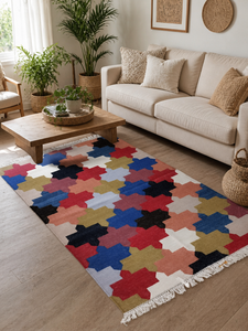 Tapis de sol décoratif Dhurrie en coton fait main réversible, multicolore, à motifs géométriques en mosaïque, avec franges à pompons pour salon - Product Image 4