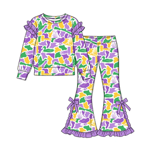 Précommande Ensemble 2 pièces à manches longues pour bébés et petites filles, imprimé camouflage Mardi Gras, tenues de boutique pour le printemps - Product Image 3