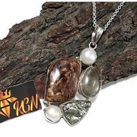 Pendentif chaîne en argent 925 avec pierres précieuses multiples : bronzite, pyrite, perle, quartz rutile doré, bijoux de mariage et de mode pour mariée