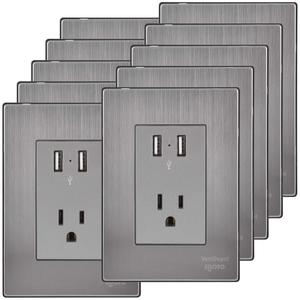 Presa di Corrente di Alta Qualità, MXIOL-006, 10 Pezzi, USBx2/Presa, 110/125-250VAC, 15A, 50/60Hz, 5VDC, 2.1A, Argento, Acciaio Inossidabile - Product Image 1