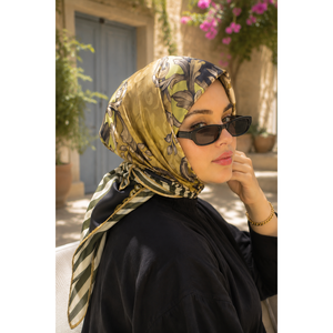 Écharpe en satin vert olive avec motif personnalisé de designer, style carré long de luxe, impression numérique pour les saisons printemps et été - Product Image 1