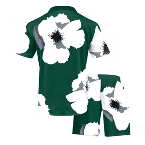 Ensemble chemise et short à manches courtes pour homme, imprimé floral, vert et blanc, tenue décontractée d'été, respirante, en polyester tricoté - Product Image 2