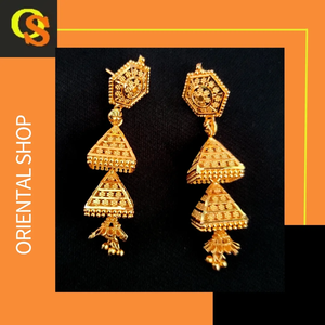 Boucles d'oreilles de qualité authentique serties de boucles d'oreilles Jhumka en plaqué or 22CT de conception traditionnelle pour les femmes. - Product Image 4