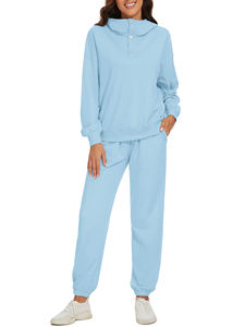 High Quality 350gsm <b>Women's</b> Long Sleeve Sweatshirt <b>Pant</b> Set Fall Winter New Fashion Solid Casual Ankle Buttoned Tracksuit - Product Image 3