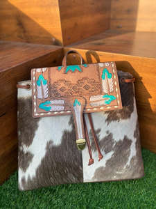 Mochila de cuero de vaca con patrón occidental, mochila escolar Unisex con estilo, forro de nailon, cremallera, producto a granel al por mayor - Product Image 3