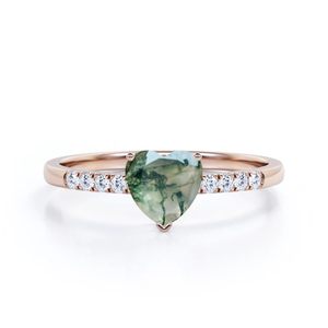 Anillo de Compromiso Clásico de Plata de Ley 925 con Ágata Musgosa de 1.2 Quilates en Forma de Corazón, Grabado, con Engaste de Garras, Anillos Finos - Product Image 6