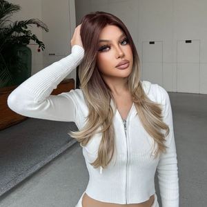Sophia-DWY Long Wavy Free Part Synthetic <b>Wig</b> Transparent Lace Front for Ombre <b>Brown</b> Blonde Free Part Synthetic <b>Wig</b> - Product Image 3