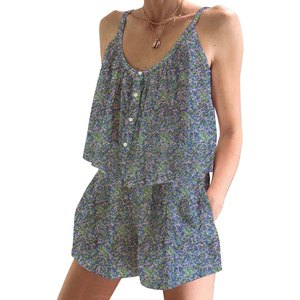 Conjunto de Pijama Corto para Mujer con Estampado Floral Elegante y Suave, Primavera/Verano, Floral, Ajustado, con Tirantes, Sin Mangas - Product Image 1