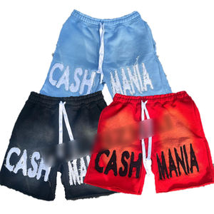High Quality Custom Embroidered <b>Men's</b> Distressed <b>Sweat</b> <b>Shorts</b> Sun Faded Red High Drawstring Waist Eco-Friendly - Product Image 6
