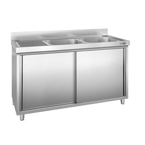 Meuble d'évier commercial PREMIUM - Acier inoxydable - 1400x700mm - avec 2 bacs à droite - Product Image 1
