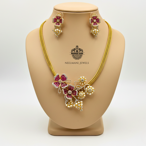 Flower Design Kanthi Necklace Set with <b>Ruby</b> Earrings for Weddings - Product Image 4