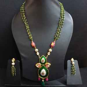 Green Meenakari Fusion Pendant Set <b>Gold</b> Plated Religious Zinc Alloy Jewelry with Quartz Stone 18K <b>Number</b> Pattern - Product Image 1