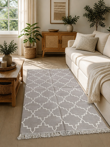 Alfombra de Área Tejida a Mano de Algodón, Gris Claro, Diseño Geométrico Hexagonal con Flecos y Borlas, Decoración para Sala de Estar - Product Image 4