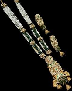 Haute Premium Collection Fleur Conception Kundan Pierre & Minakari Travail Cuivre Perle Travail Long Bijoux Avec Boucle D'oreille Ensemble Pour Les Femmes - Product Image 1