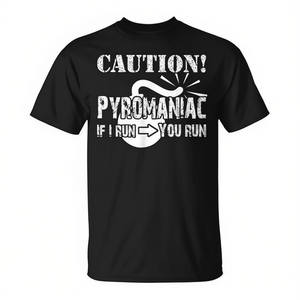 Camiseta Caution Pyromaniac, diseño divertido con tema de fuego, color negro, para fiestas - Product Image 2
