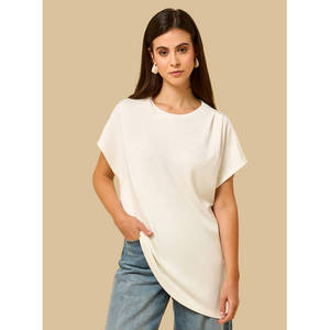 Haut en tricot 95 % coton pour femme, détails froncés, chemise décontractée tendance, douce et extensible, imprimé en relief, manches courtes, OEM, marque privée - Product Image 1