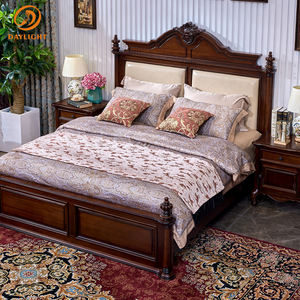 럭셔리 우드 정품 가죽 유럽 빈티지 디자인 가구 클래식 빌라 로얄 침대 맞춤형 골동품 마호가니 침실 세트 - Product Image 5