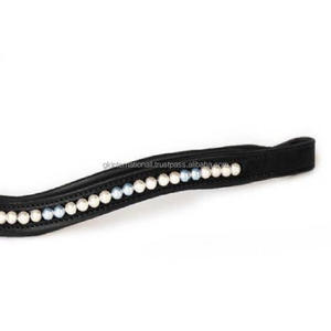 Banda Frontal para Caballo de Cuero Curtido Vegetal de Alta Calidad para Bridas Ecuestres, Personalizada con 1 Hilera de Perlas Crema y Azul Claro - Product Image 3