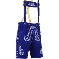 Expédition immédiate : Short en cuir traditionnel bavarois Myooka pour homme, bleu, avec broderie en laine et fermeture boutonnée
