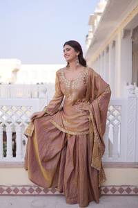 High Demanded Elegant Pakistani Style Sharara Dress <b>for</b> <b>Women</b> Festive Ethnic Suit with Rich Embroidery & Satin Finish - Product Image 5