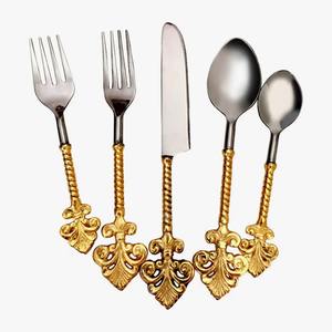Juego de 5 cubiertos de acero inoxidable, asas chapadas en oro, acabado plateado, perfecto para vajilla, uso en cocina, precios asequibles - Product Image 1