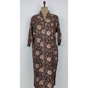 Pure Cotton Indian Block Printed Summer Kimono Floral <b>Beach</b> Coverup-Comfortable Maternity <b>Robe</b> in Black and Beige for Mom - Product Image 1