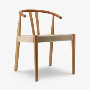 Chaise de salle à manger en rotin moderne avec accoudoirs incurvés en teck massif, chaise de style scandinave nordique pour restaurant, café, hôtel - Product Image 1