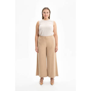 Pantalones de Crepé Holgados de Cintura Alta Elástica en Color Beige para Mujer, Casuales de Otoño - Product Image 1