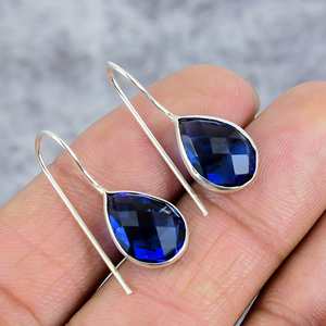 ต่างหูเงินแท้ 925 ประดับพลอยควอตซ์สีน้ำเงินทรงลูกแพร์เจียระไน ดีไซน์ทันสมัย งานแฮนด์เมด เหมาะสำหรับงานปาร์ตี้และเป็นของขวัญงานแต่งงาน - Product Image 3