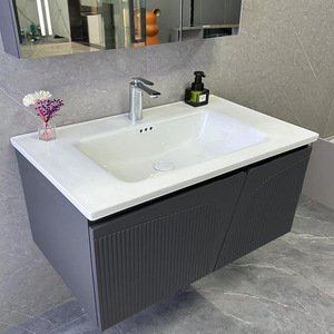 Meuble de salle de bain moderne de luxe en bois massif avec lavabo en céramique intégré, 2 étagères, poignées en acier inoxydable et design lumineux - Product Image 4
