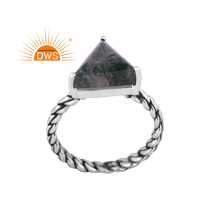 Newly Designer Oxidized Sterling Silver Natural Green <b>Moss</b> <b>Agate</b> Gemstone Triangular Design Twisted <b>Ring</b> Jewelry Manufacturer - Product Image 1