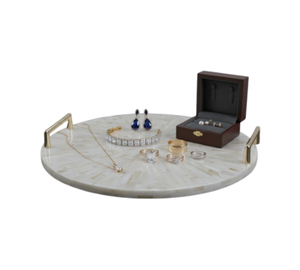Plateau de service rond de luxe avec incrustation de nacre, plat décoratif avec poignées en métal pour la présentation de gâteaux, du café, décoration d'intérieur - Product Image 1