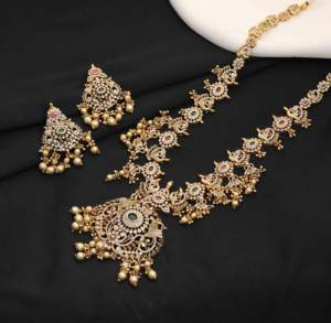 Elegant Traditional <b>Indian</b> Fashion Matte Plated CZ Stone Long Necklaces Brass for Weddings Festivals Direct Export Supplier - Product Image 1