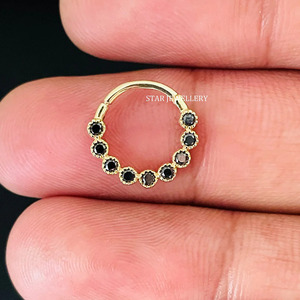 14K Solid <b>Gold</b> Bezel Set Miligrain Natural Black Diamond Daith Piercing Fine Jewelry. - Product Image 2